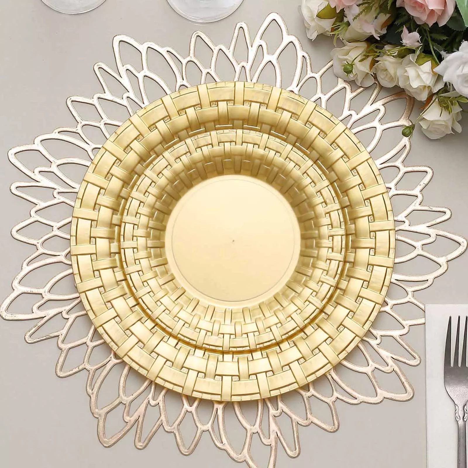 10 Pack 7" Gold Basketweave Rim Plastic Salad Dessert Plates, Round Disposable Appetizer Plates