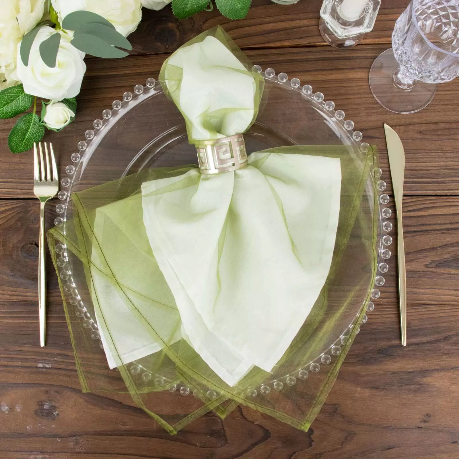 10 Pack Organza 23"x23" Napkins Olive Green - Sheer Cloth Napkins