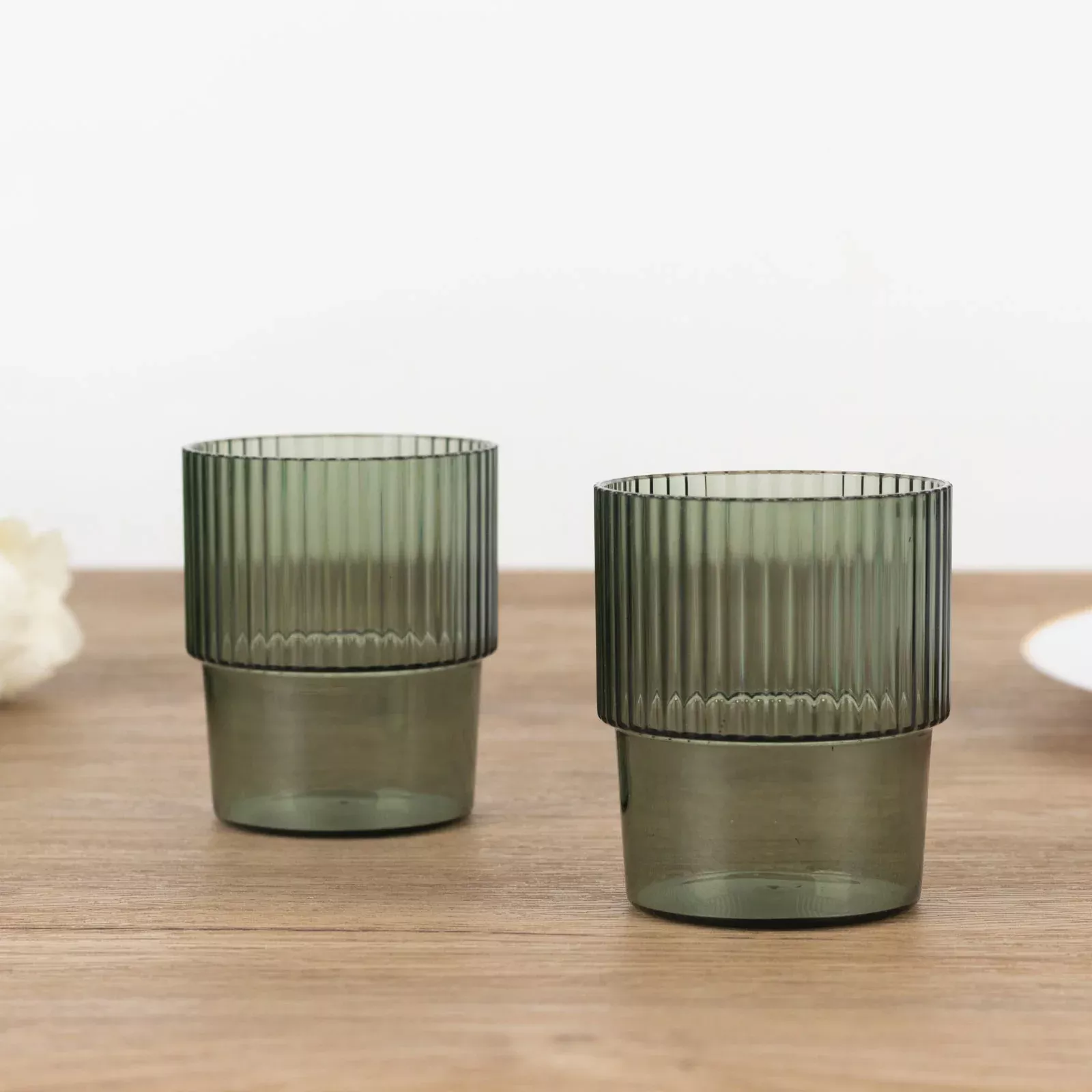 12-Pack Plastic Short Drinking Glasses Hunter Emerald Green Ribbed Pattern Stackable - Reusable Tumblers 7oz