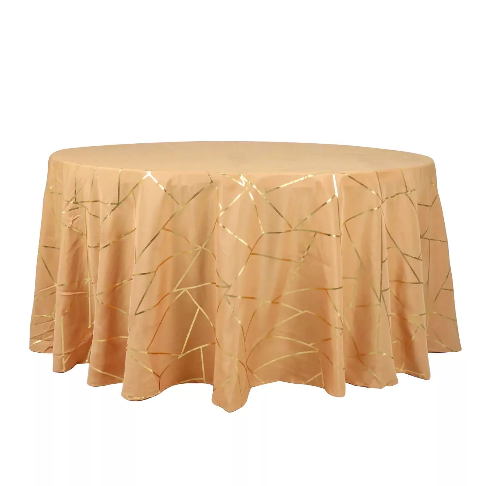 120" Gold Seamless Round Polyester Tablecloth With Gold Foil Geometric Pattern for 5 Foot Table With Floor-Length Drop