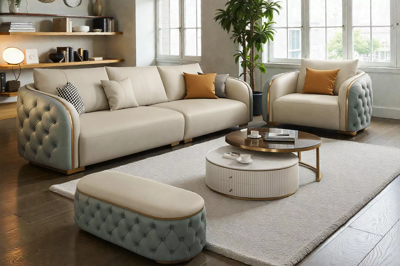 3 Piece Button Tufted Leather Sofa Set