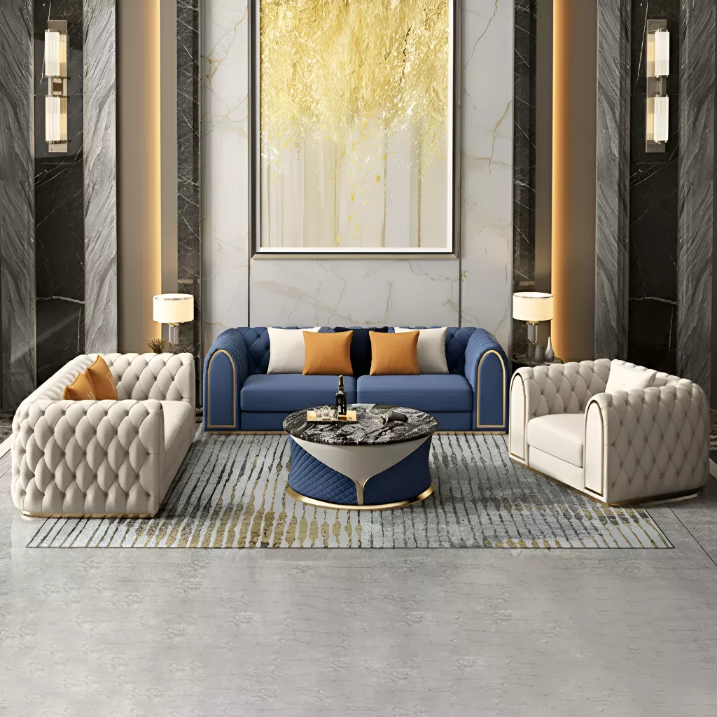 3 Piece Leather Chesterfield Sofa Set