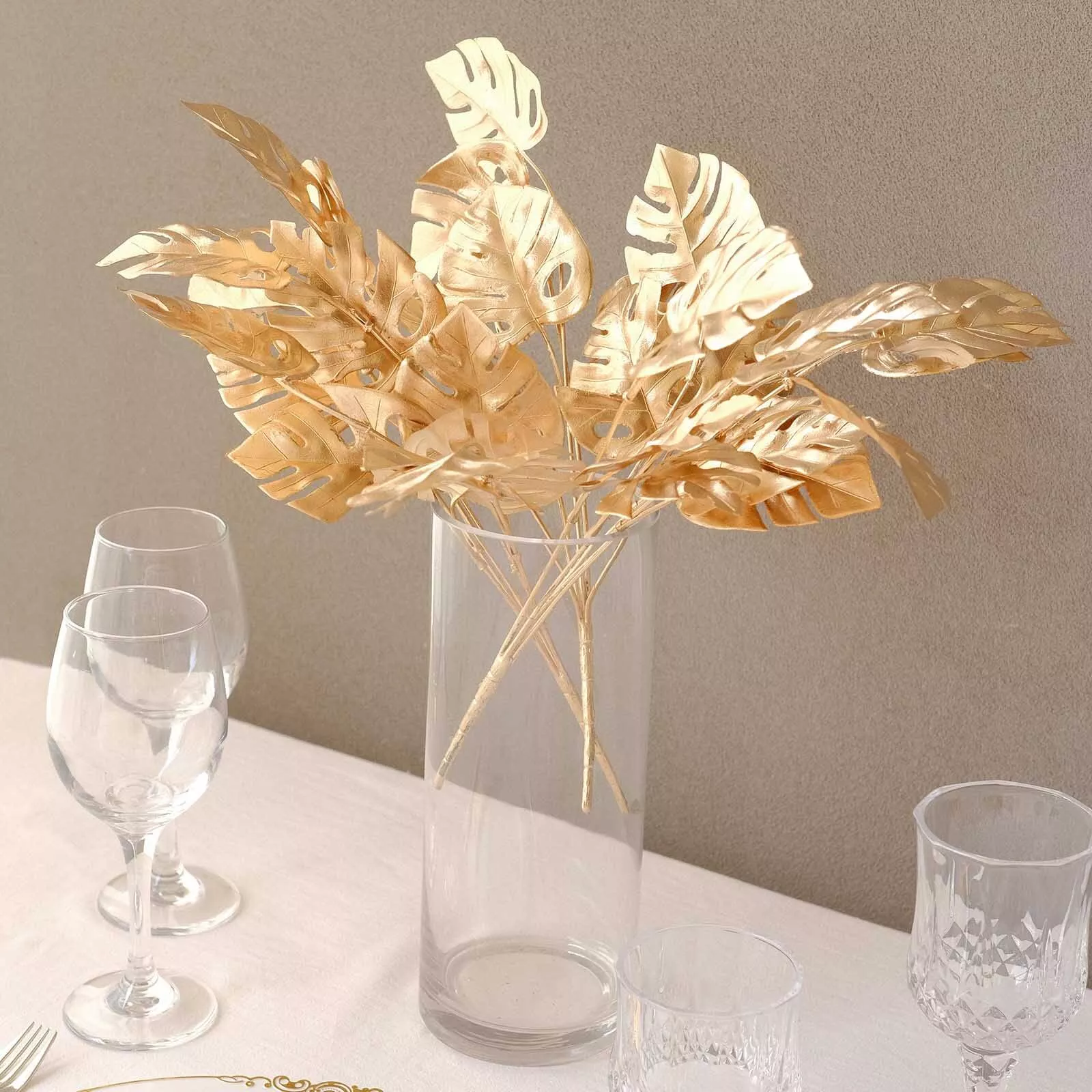 4 Pack 14" Metallic Gold Artificial Monstera Leaf Stems