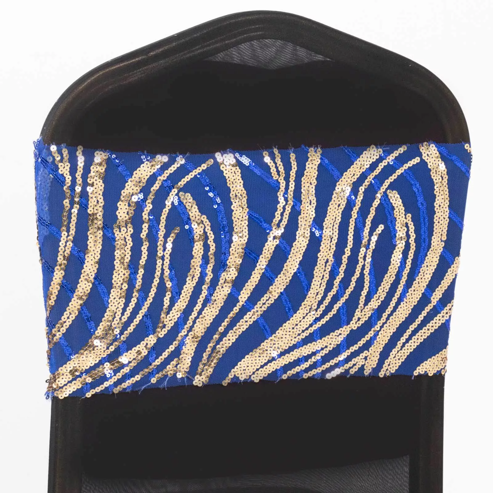 5 Pack Chair Sash Bands with Wave Embroidered Sequins Royal Blue/Gold