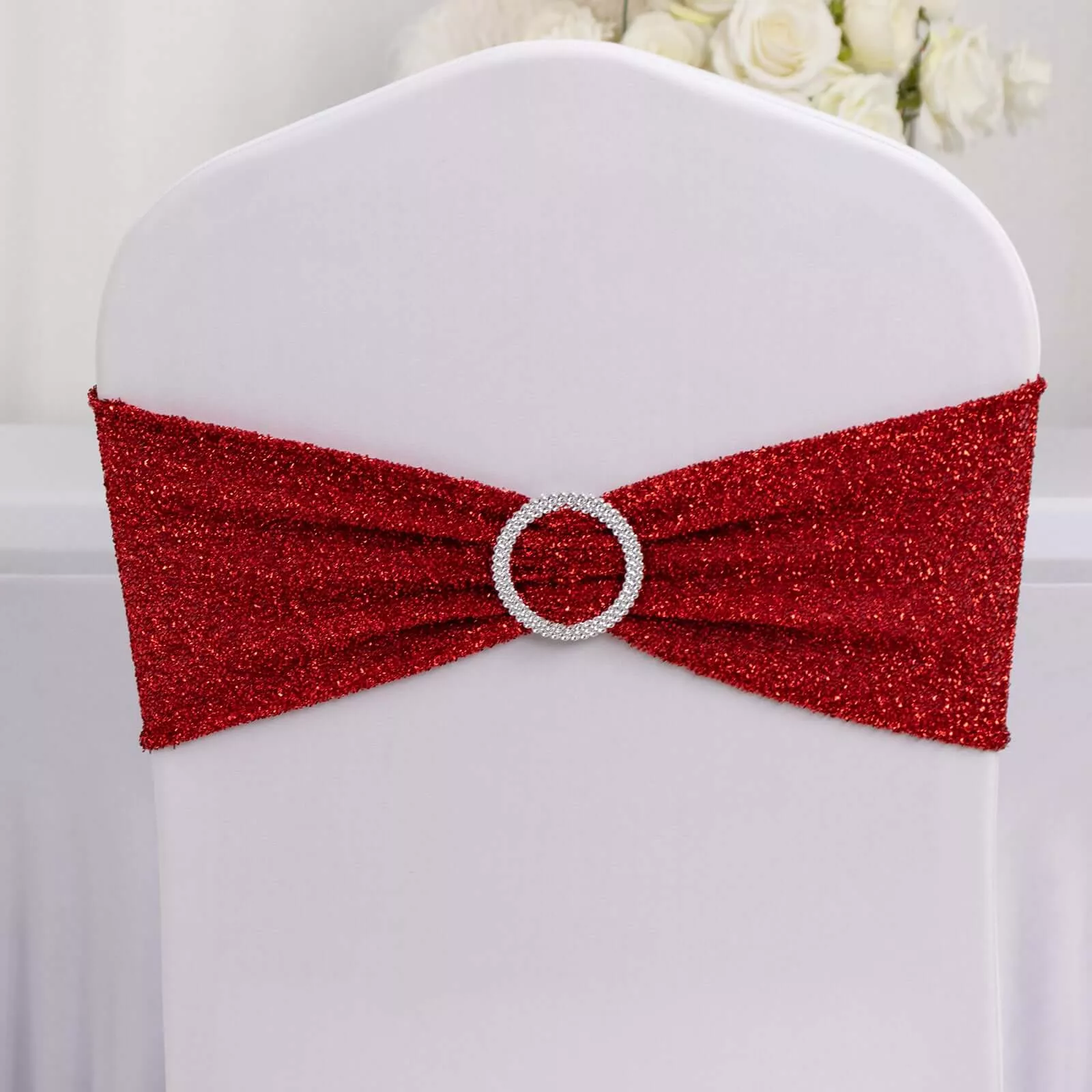 5 Pack Chair Sashes Shimmer Tinsel Spandex 5"x12" with Silver Rhinestone Buckles Gold - Stylish Decor for Weddings