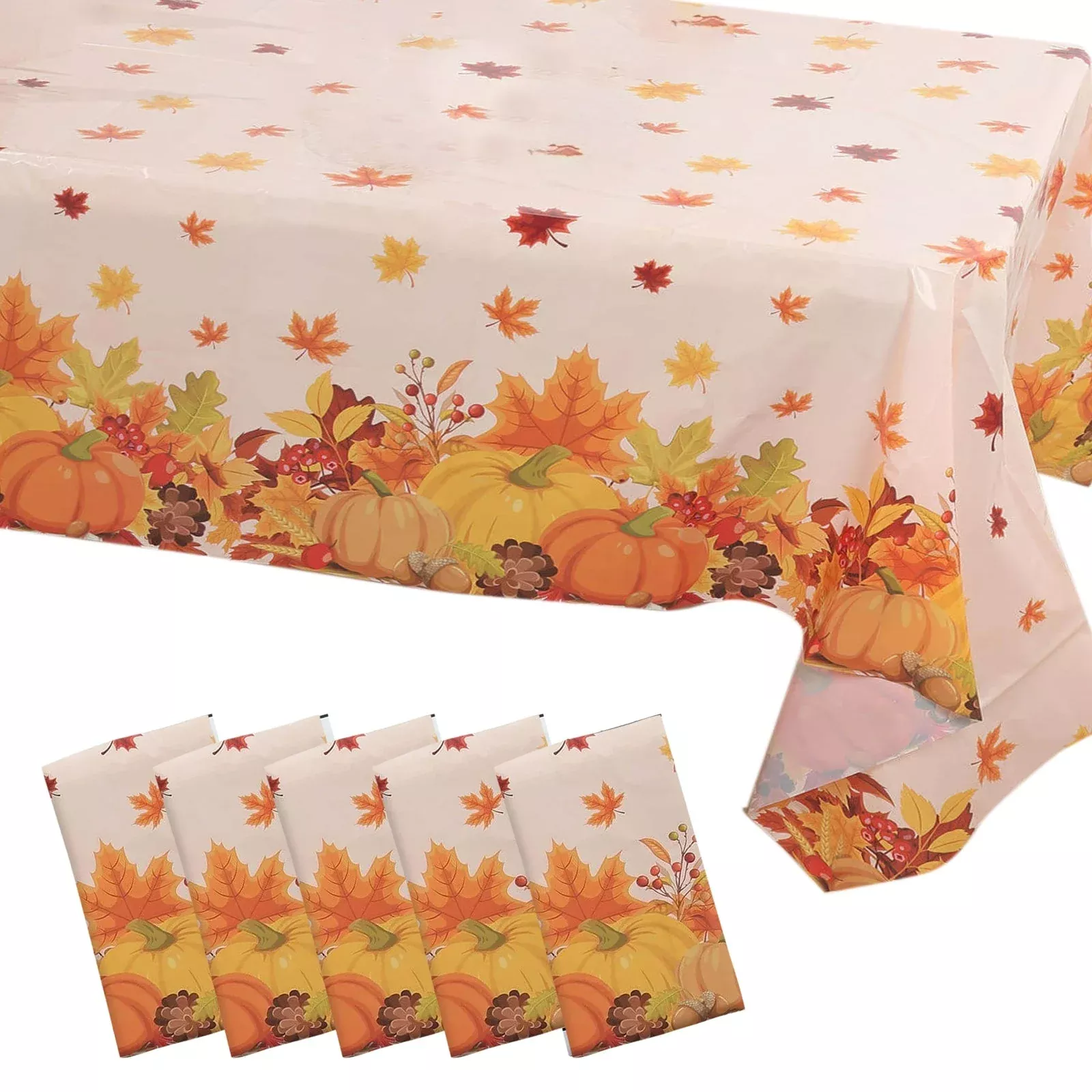 5-Pack Plastic Tablecloths Orange Thanksgiving Rectangle with Fall Leaves Pumpkin Print - Festive PVC Disposable Table Covers 54"x108"