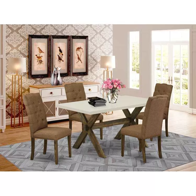 5 Piece Dining Set - Linen Fabric Chairs & Rectangular Table