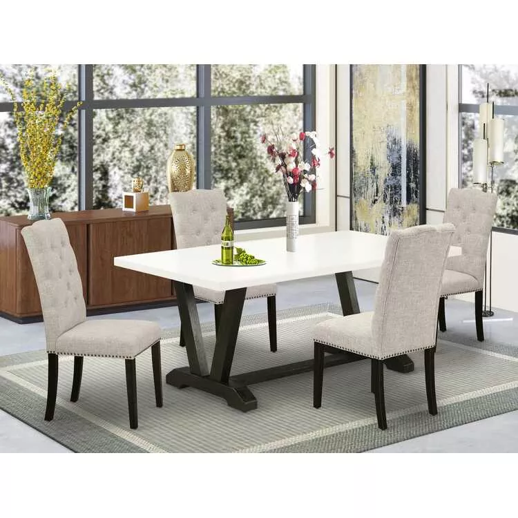 5 Piece Dining Set - Linen White Table & Doeskin Chairs