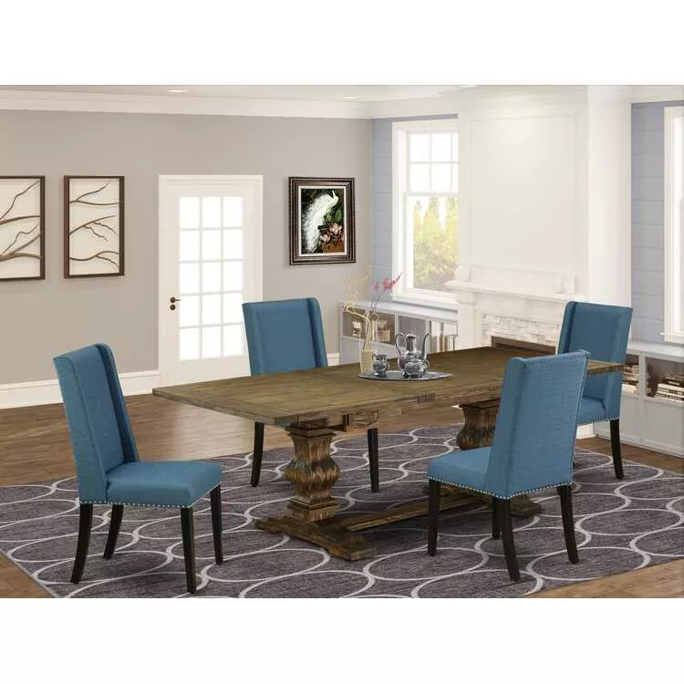 5 Piece Dining Set - Rectangle Table & 4 Blue Chairs