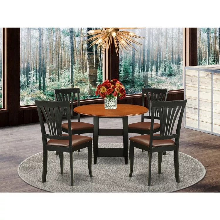 5 Piece Dining Set - Round Table & 4 Chairs - Black & Cherry