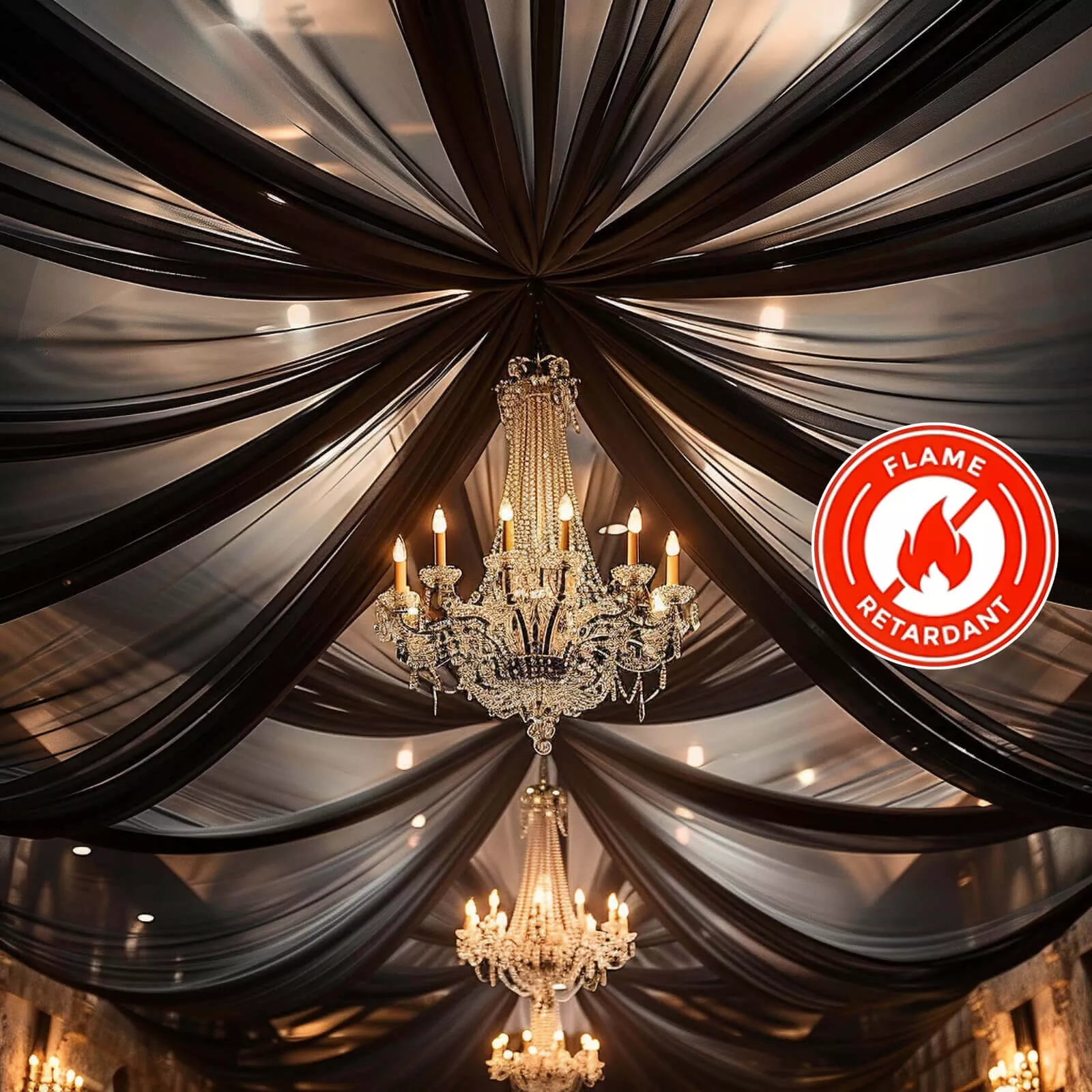 5ftx32ft Black Chiffon Curtain Panel, Durable Flame Resistant Backdrop Ceiling Drapery With Rod Pocket