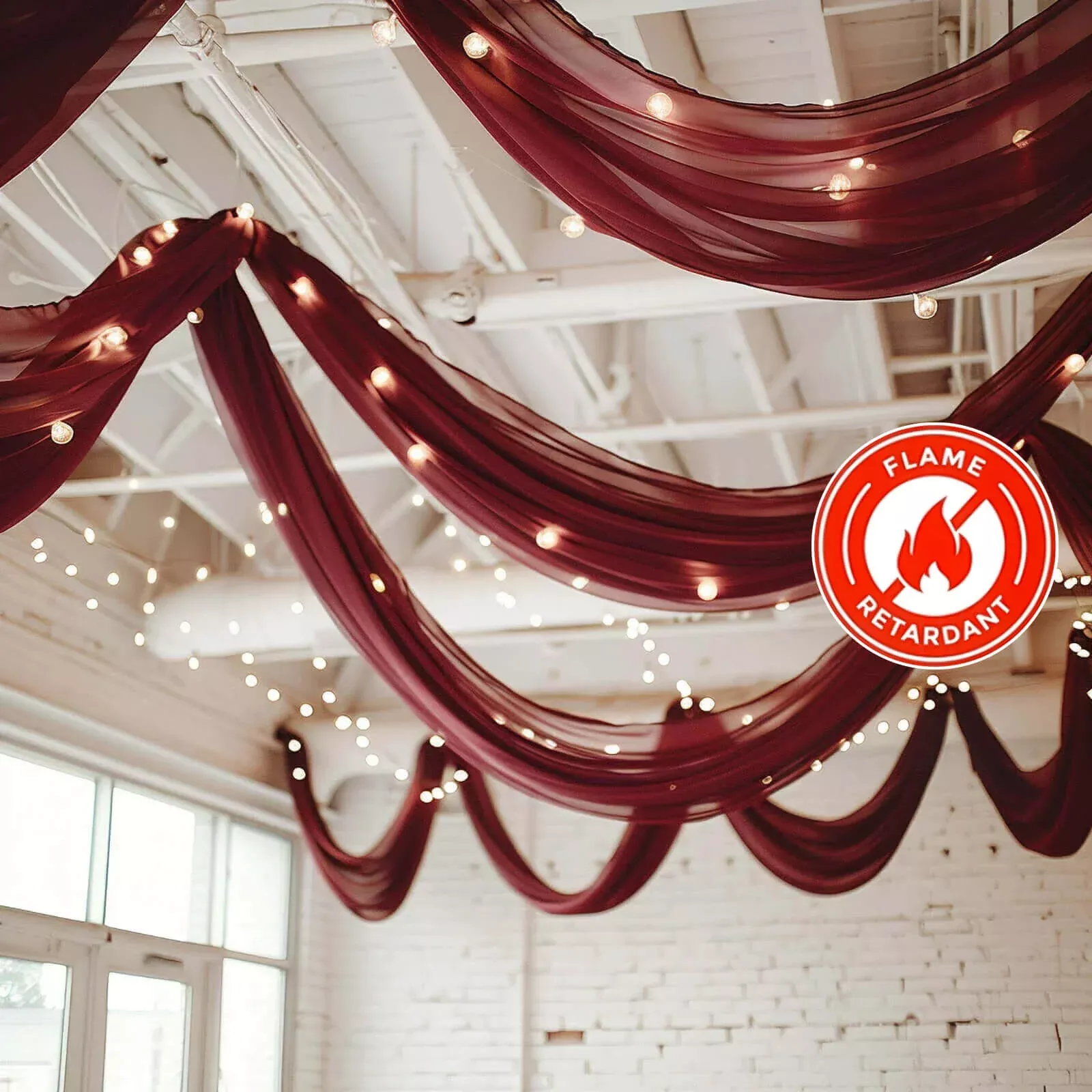 5ftx32ft Burgundy Chiffon Curtain Panel, Durable Flame Resistant Backdrop Ceiling Drapery With Rod Pocket