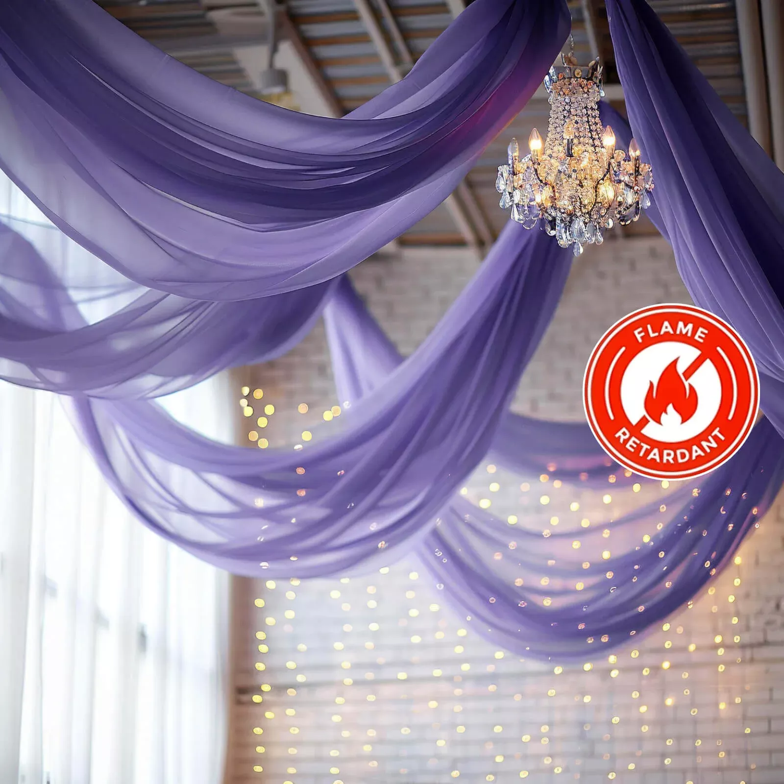 5ftx32ft Purple Chiffon Curtain Panel, Durable Flame Resistant Backdrop Ceiling Drapery With Rod Pocket