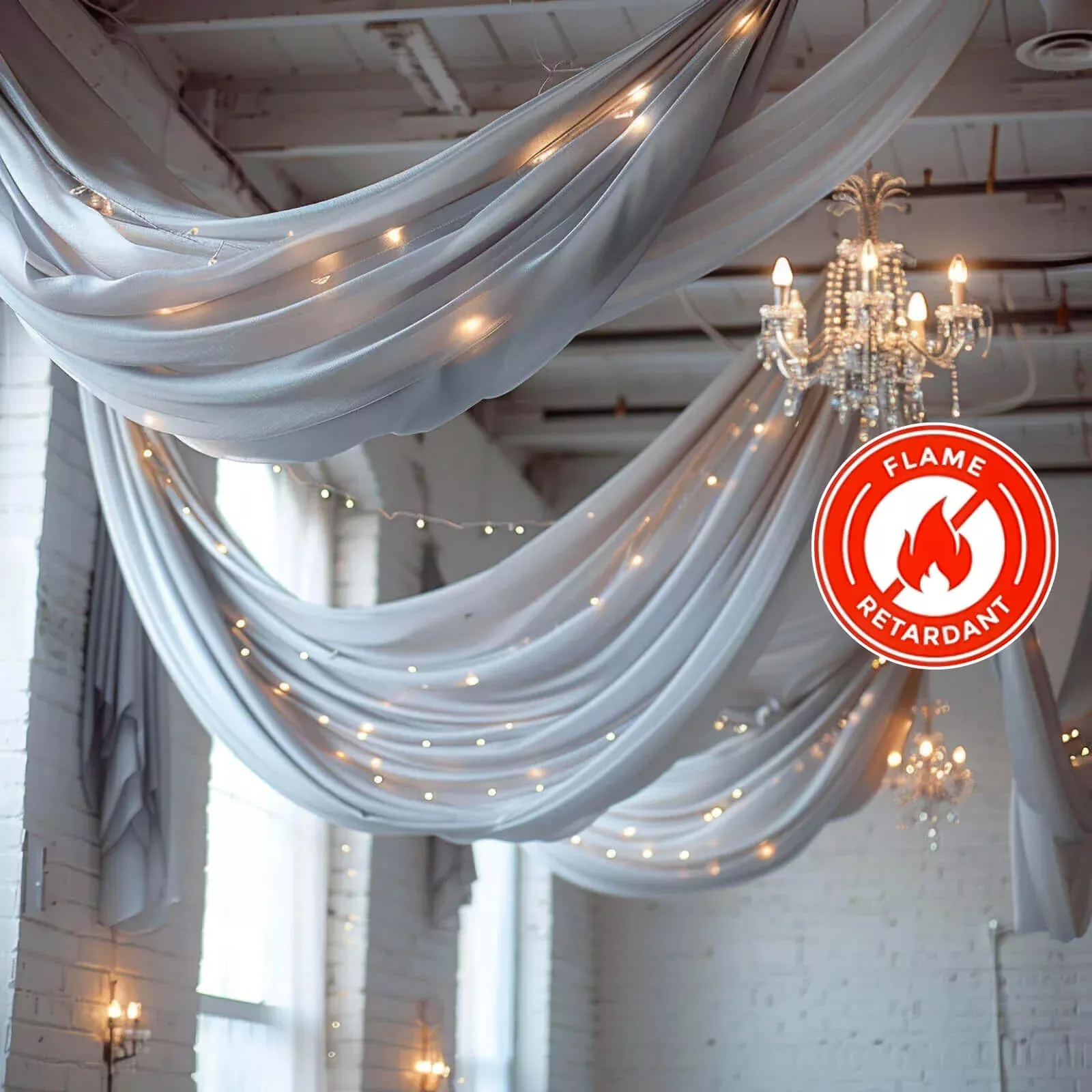 5ftx32ft Silver Chiffon Curtain Panel, Durable Flame Resistant Backdrop Ceiling Drapery With Rod Pocket