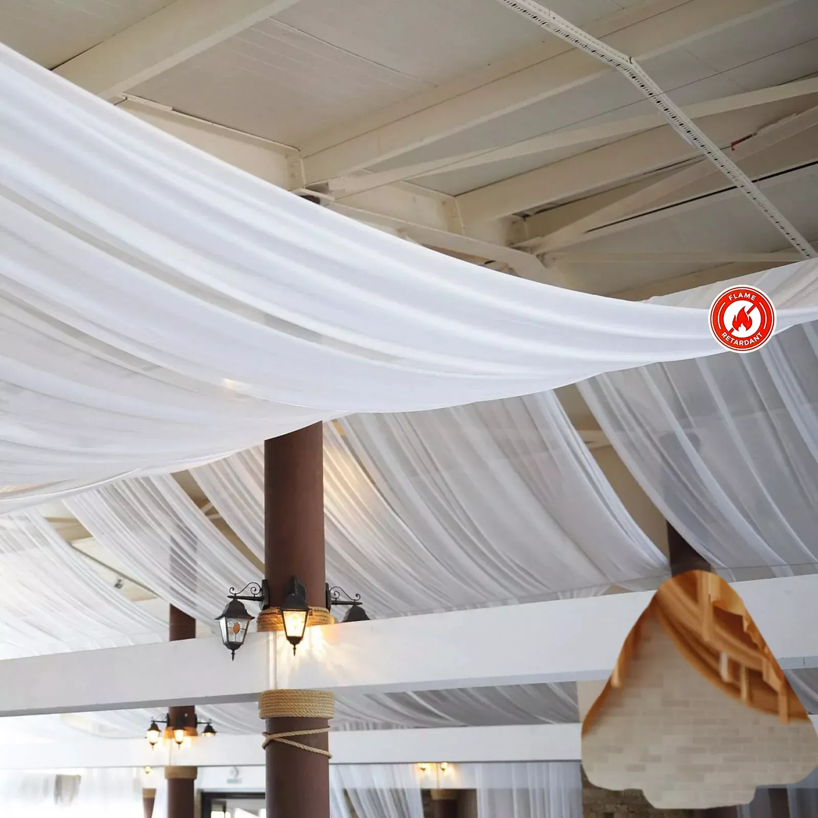5ftx32ft White Chiffon Curtain Panel, Durable Flame Resistant Backdrop Ceiling Drapery With Rod Pocket