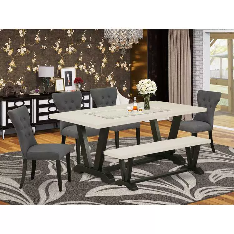 6 Piece Dark Gotham Grey Dining set with 4 Button Tufted Chairs, Rectangular Bench & Rectangular Top Dining Table