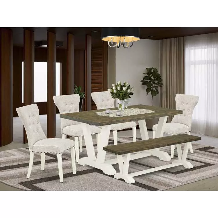 6-Piece Dining Set - Linen White Table & Doeskin Chairs
