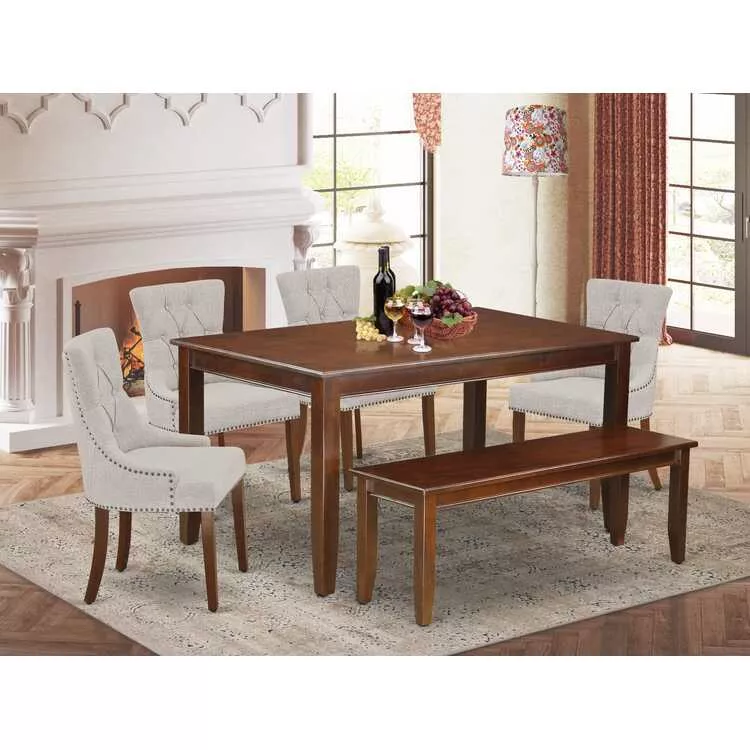 6-Piece Mahogany Dining Set Rectangle Table 4 Parson Chairs Bench