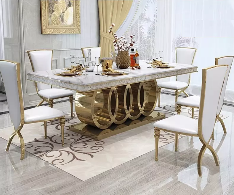 7 Pcs Elegant Designed Rectangular Marble Top Golden Dining Table With 6 Chairs