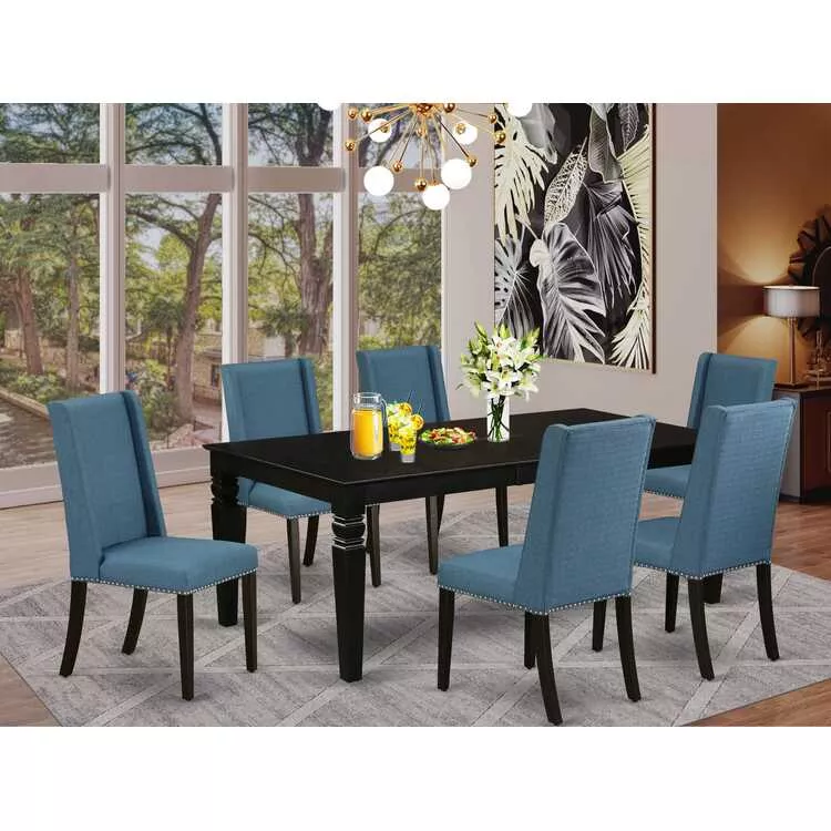 7 Piece Dining Set - Blue Linen Chairs & Rectangle Table