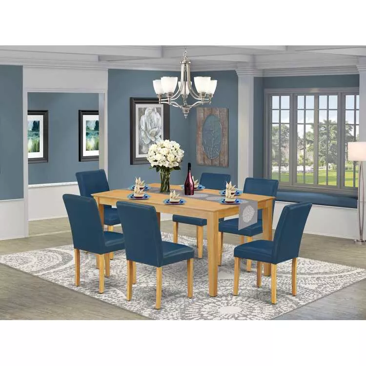 7 Piece Dining Set - Rectangle Table & 6 Blue Chairs