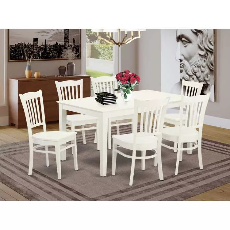 7 Piece Dining Set - Rectangle Table & 6 Chairs - Linen White