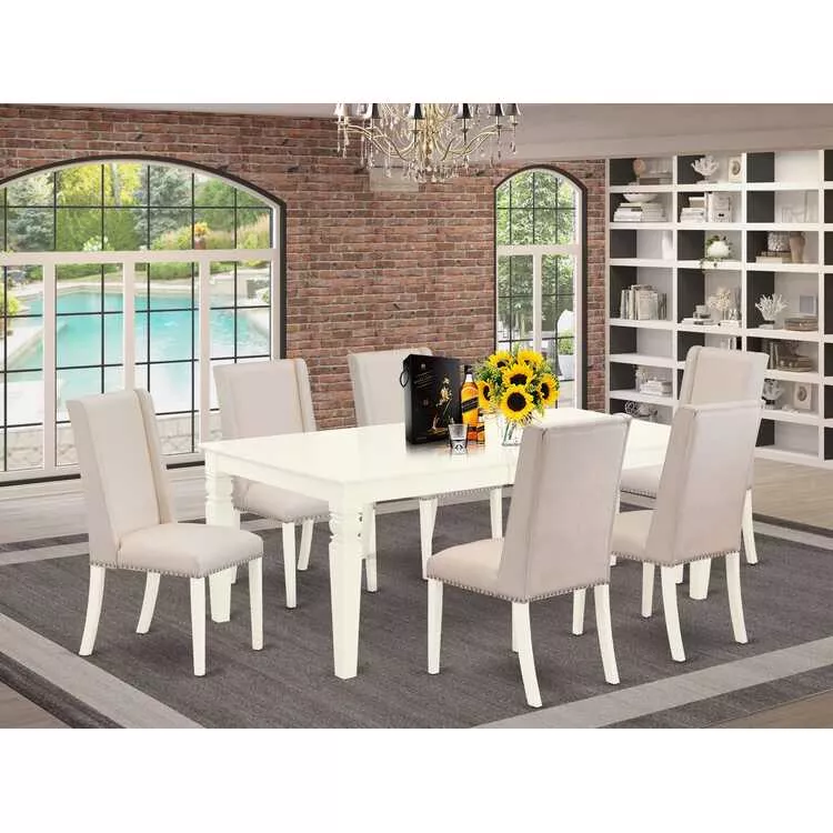 7-Piece Dining Set Rectangular Table Linen White Finish