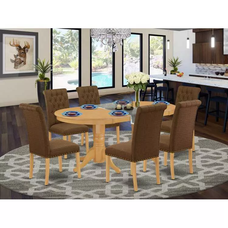 7pc Oak Dining Set with Oval Table and 6 Parson Chairs
