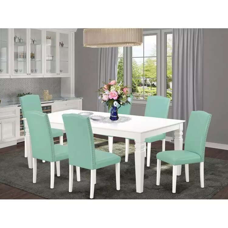 7Pc Rectangle Kitchen Table w/18 Self Storing Leaf & 6 Parson Chairs