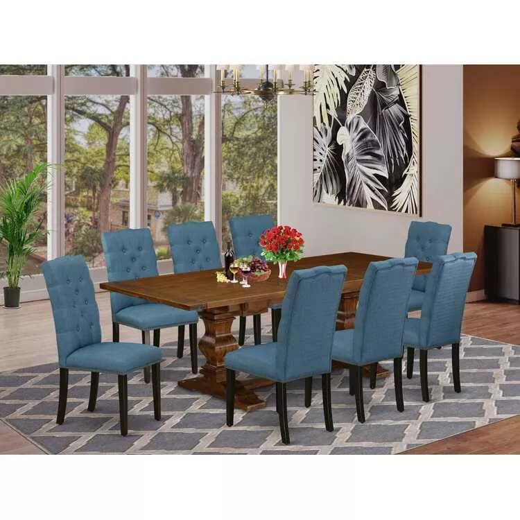 9-Pc Dining Table Set with Walnut & Black Finish