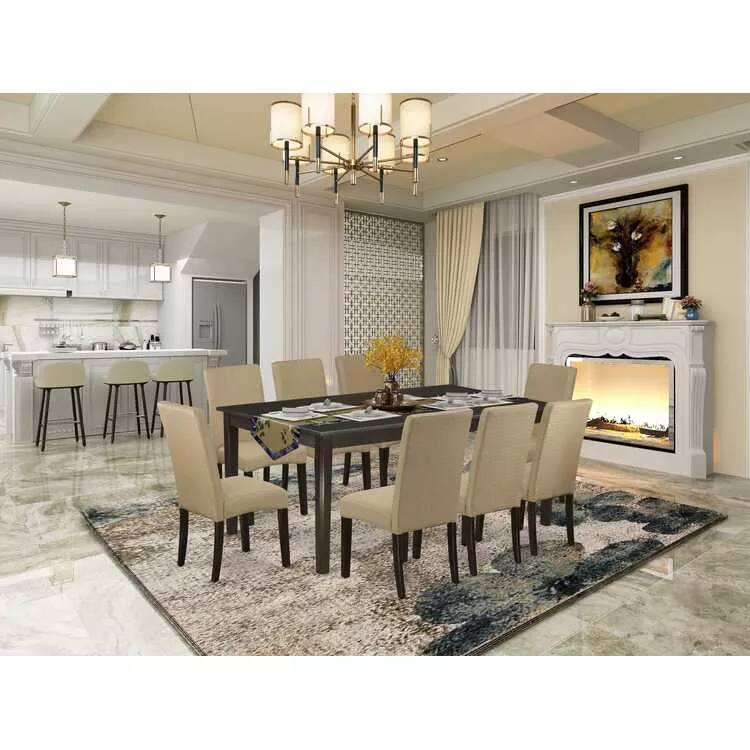 9-Piece Dining Set - Linen Fabric Chairs & Rectangle Table