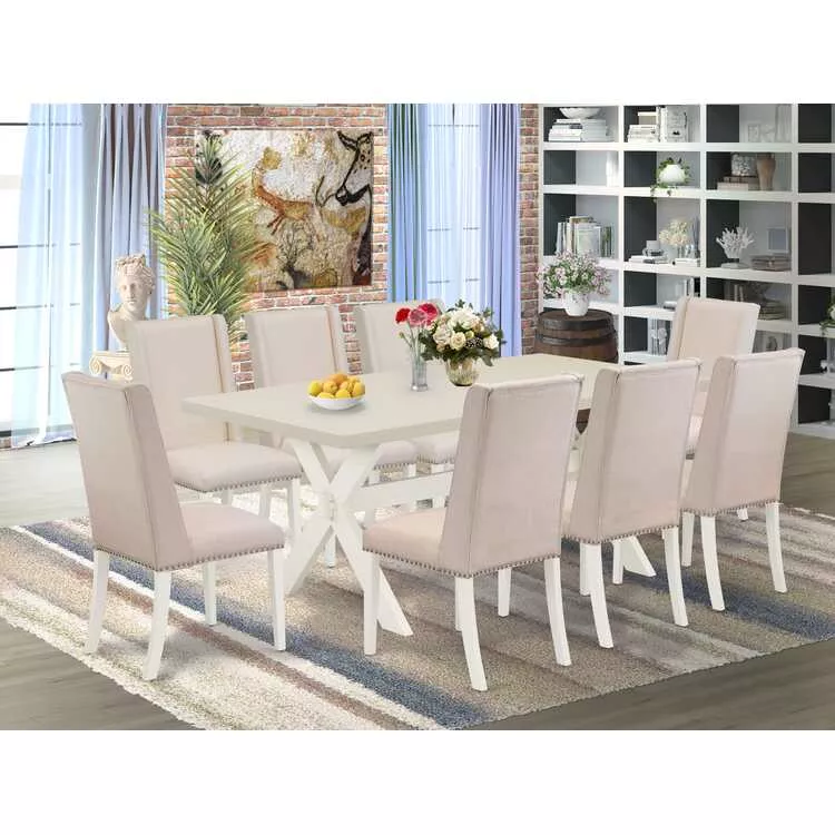 9 Piece Dining Set - Rectangle Table & 8 Linen Chairs