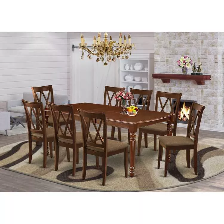 9Pc Dining Set Mahogany Finish Rectangle Table Butterfly Leaf Chairs