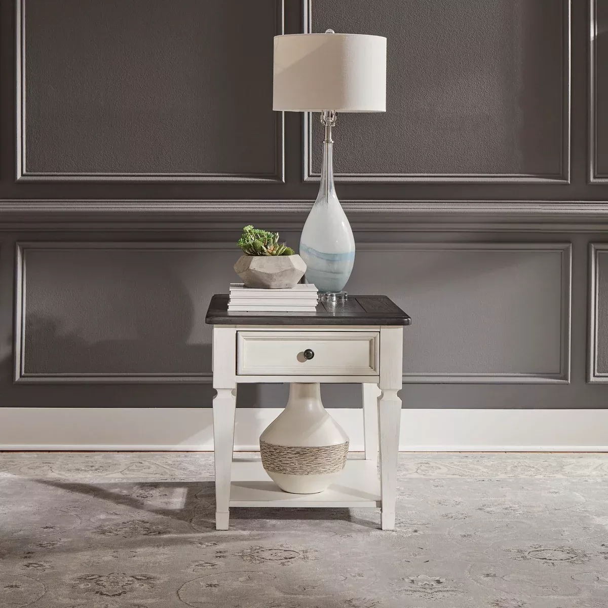 Allyson Park - Drawer End Table - Wirebrushed White / Charcoal