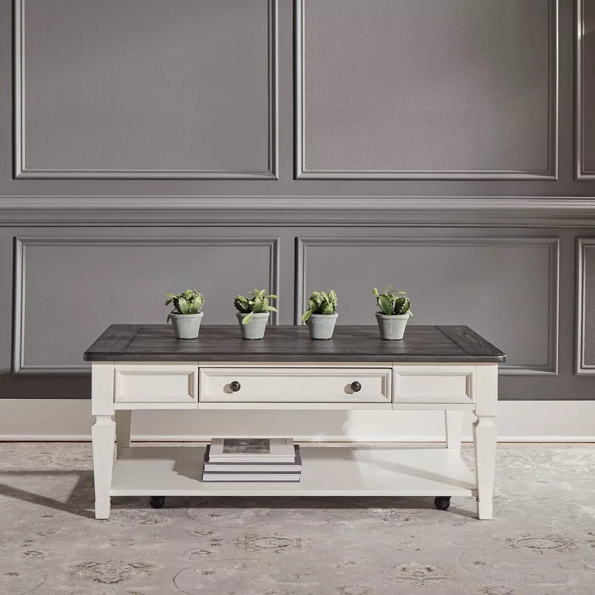Allyson Park - Rectangular Cocktail Table - Wirebrushed White / Charcoal