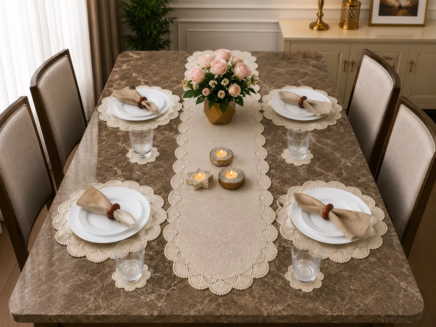 Beaded Elegance Handcrafted White Table Runner With 6 Placemats