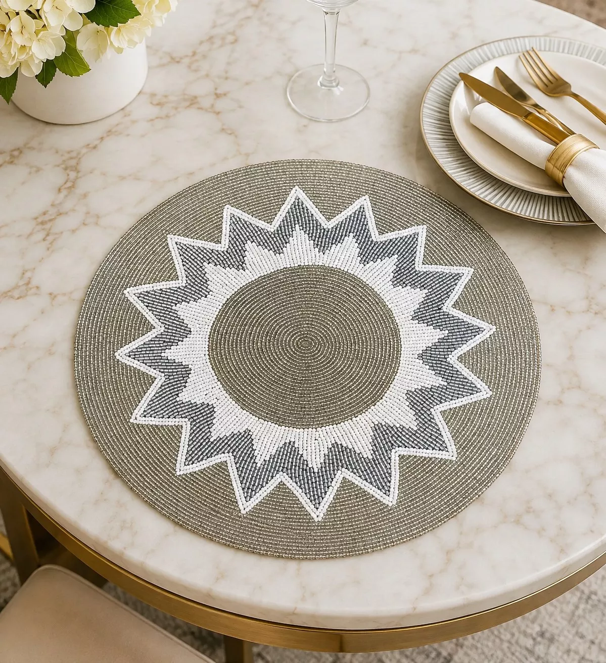 Beaded Sequin Rounded Placemat For Table
