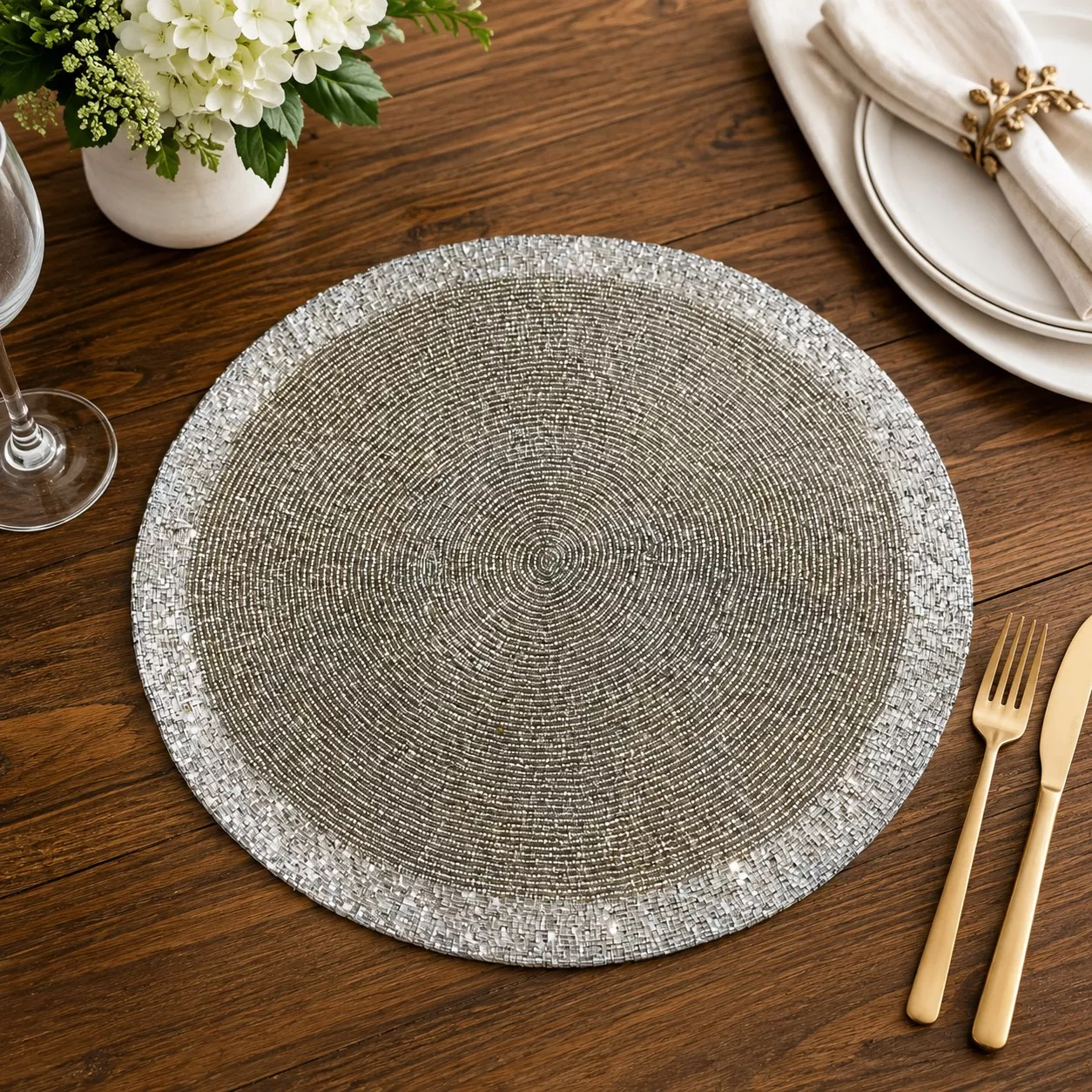 Beaded Sequin Silver Spring Easter Place mat Charger 15" Round!