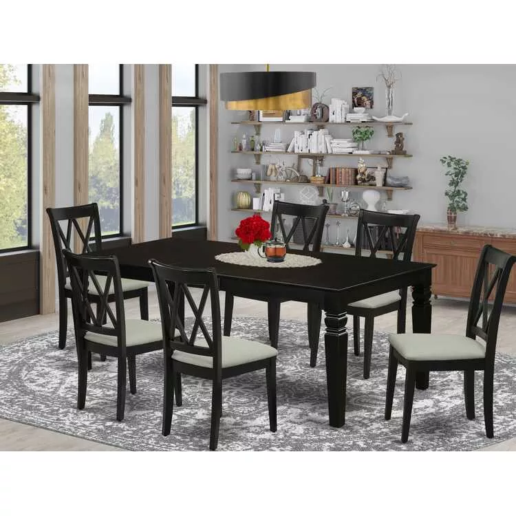 Black 7-Piece Dinette Set w/ Rectangular Kitchen Table & Linen Chairs