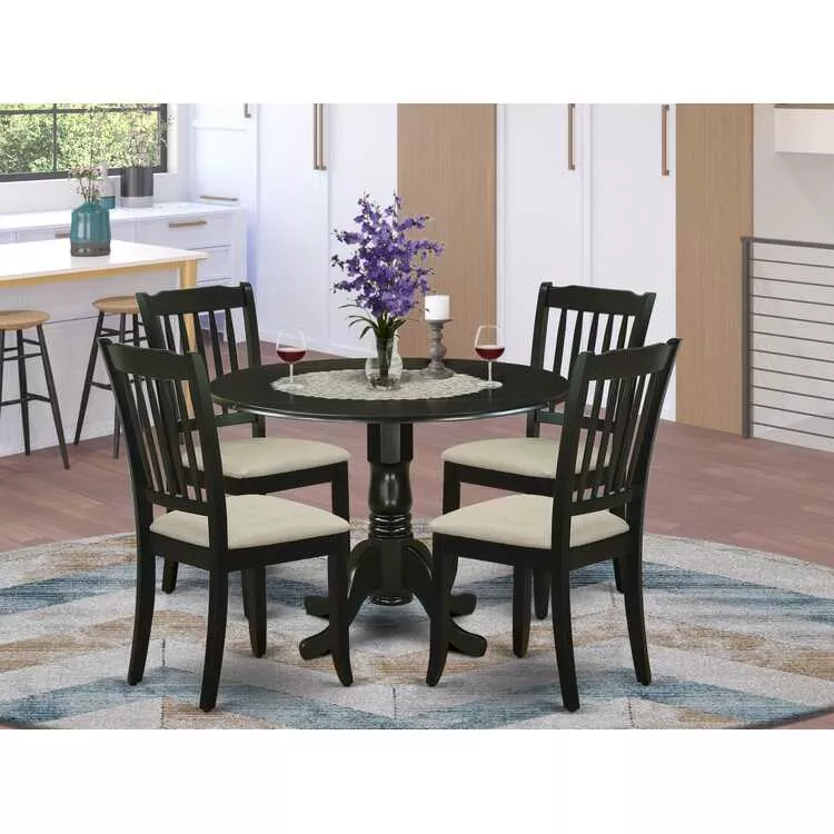 Black Dining Set Round Table Chairs Drop Leaves 5Pc
