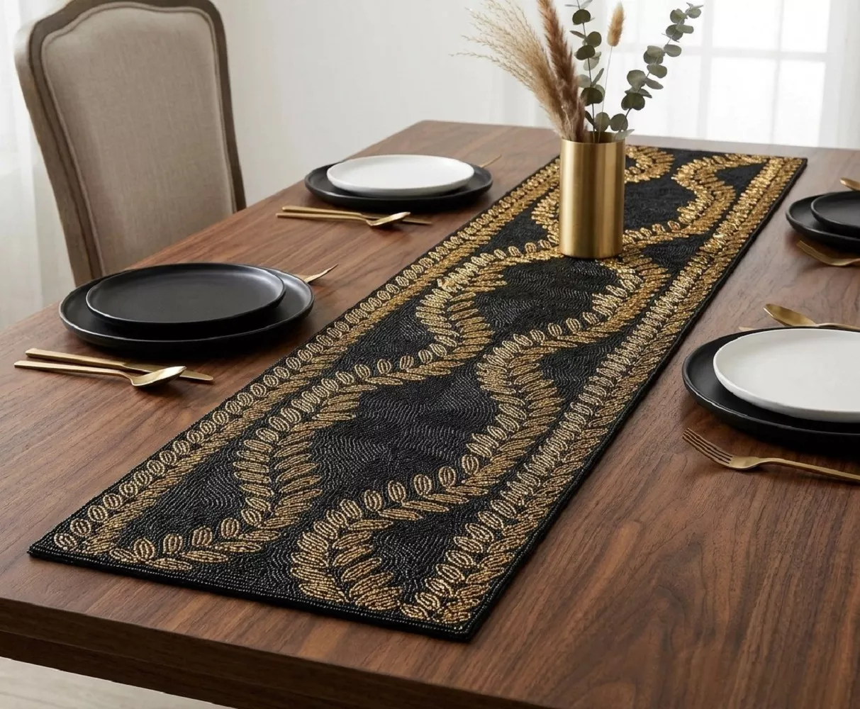 Black Gold Leaf Beaded Table Runner