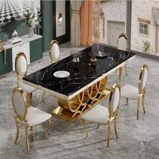 Black Marble Top Dining Table Set