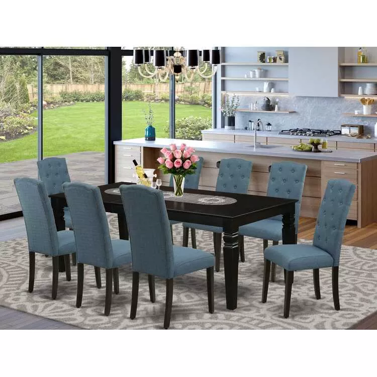 Blue Dining Set with Black Table & Chairs (9Pc)