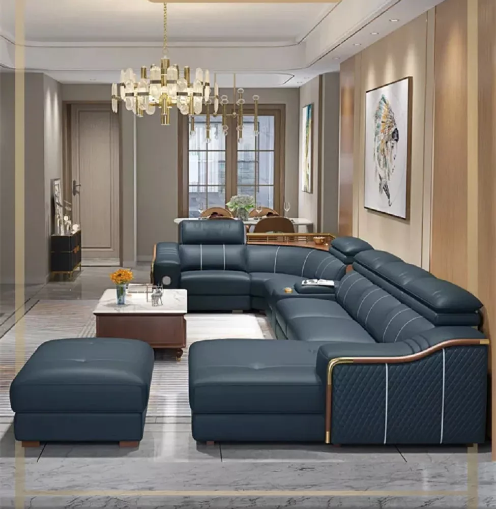 Blue Multifunctional Leather Sectional Sofa