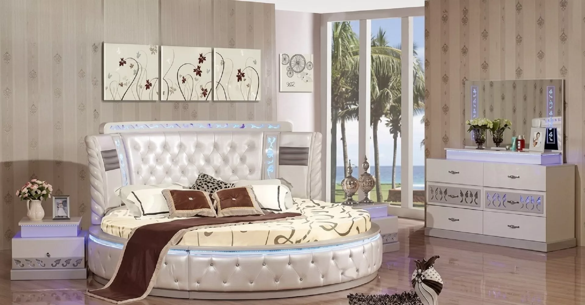 Buttoned Leather Upholstered Round Bed