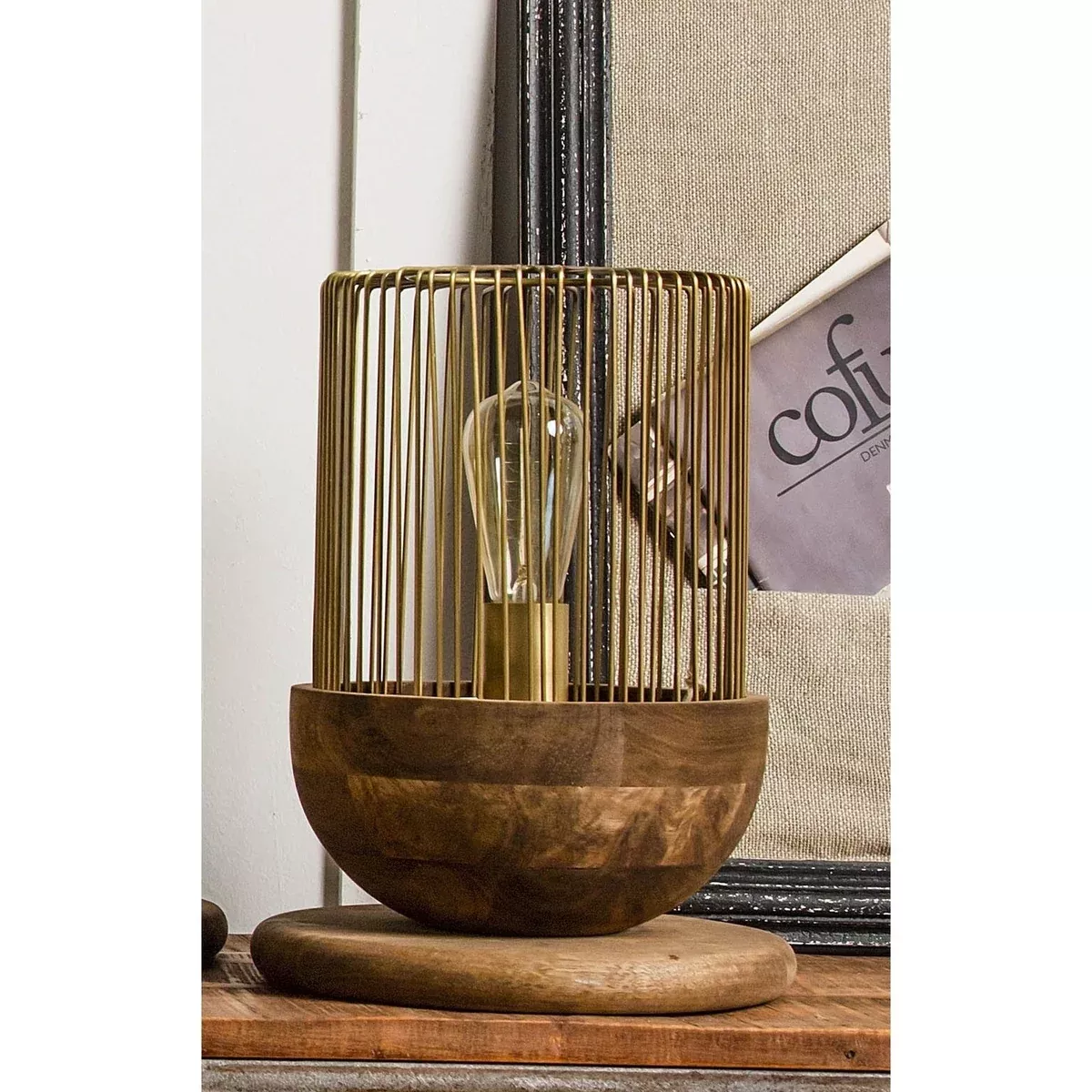 Caged Table Lamp With Wooden Base