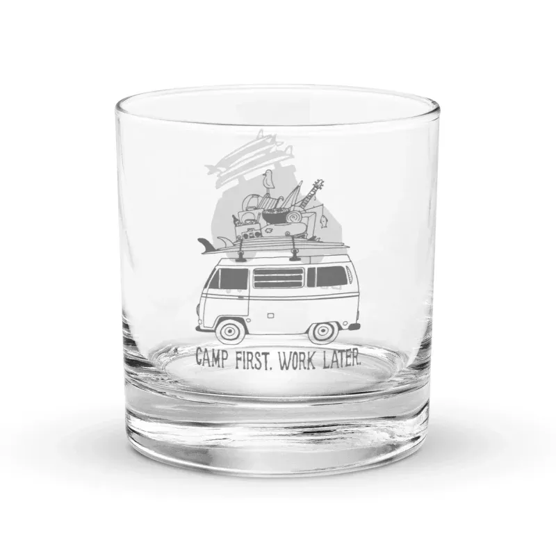 "Camp First, Work Later" Bus Rocks Glass
