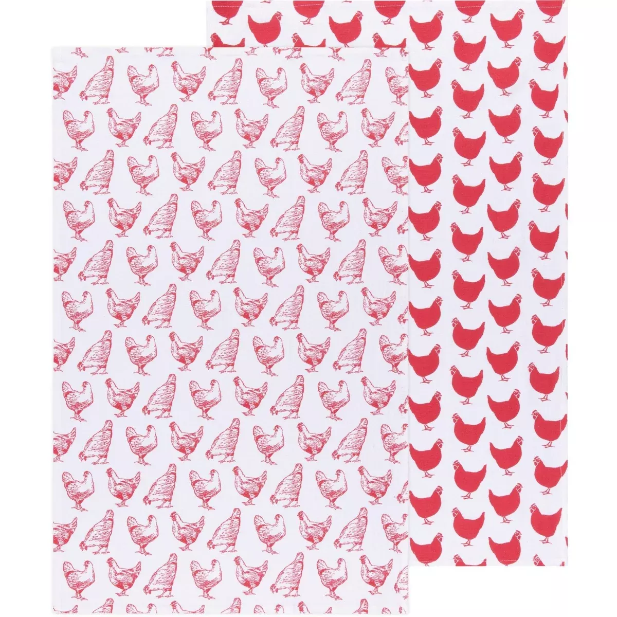 Chickens Print Red Floursack Dishtowels - Set of 2