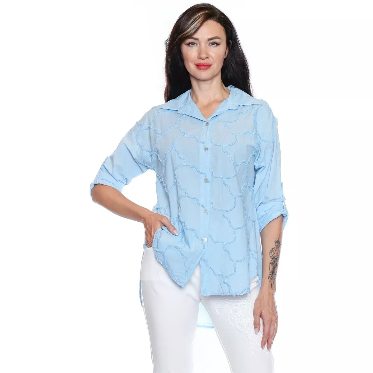 Colleen Collared Jacquard Button Up Top