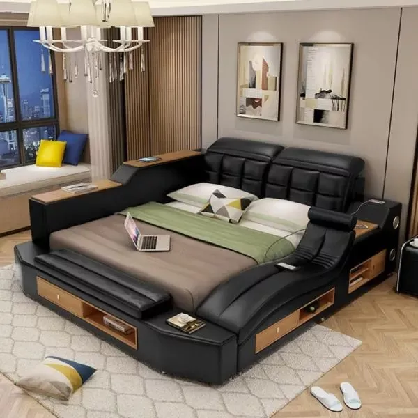 Contemporary Leather Bed With Speaker